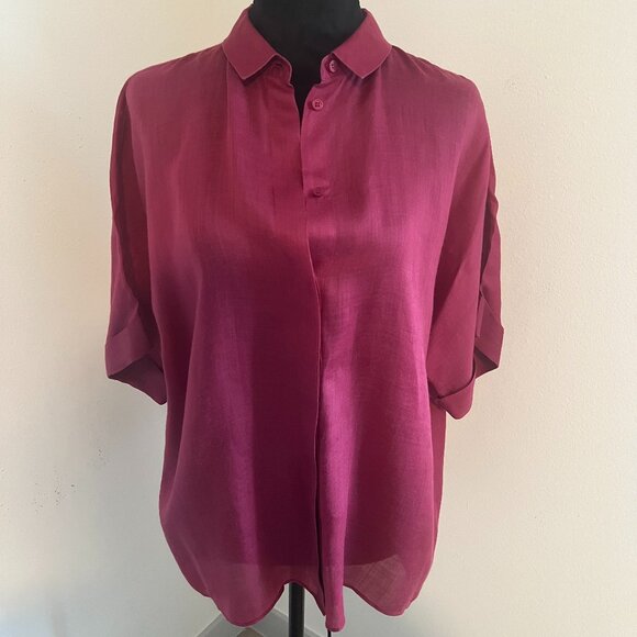 Lafayette 148 Raspberry Tencel Ramie Button Up Shirt Sz M Classic Feminine Chic - Picture 1 of 7